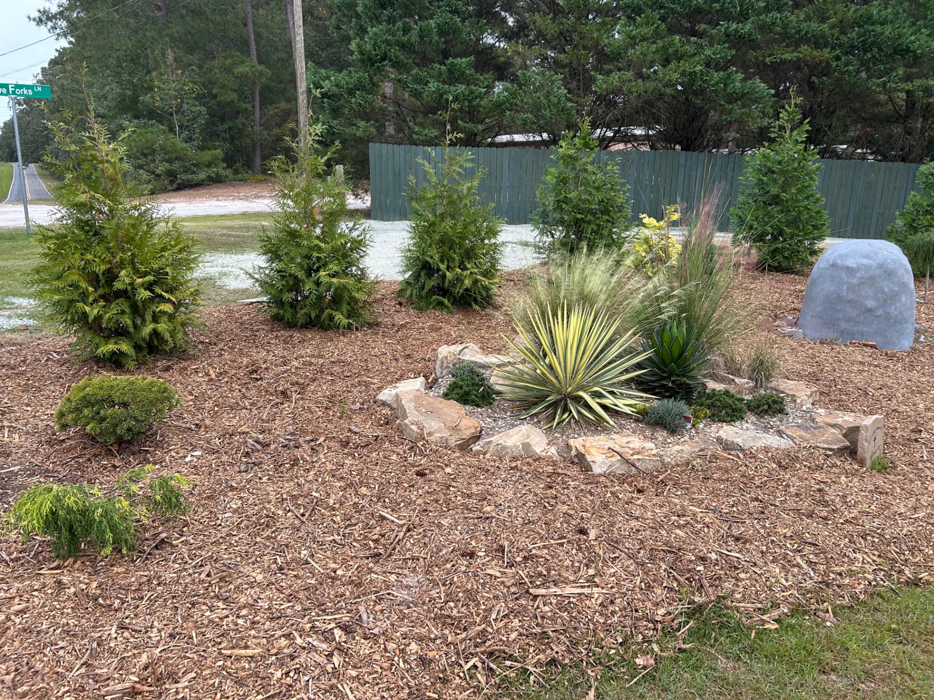New landscape bed with evergreen shrubs, ornamental grasses, stone border and fresh mulch