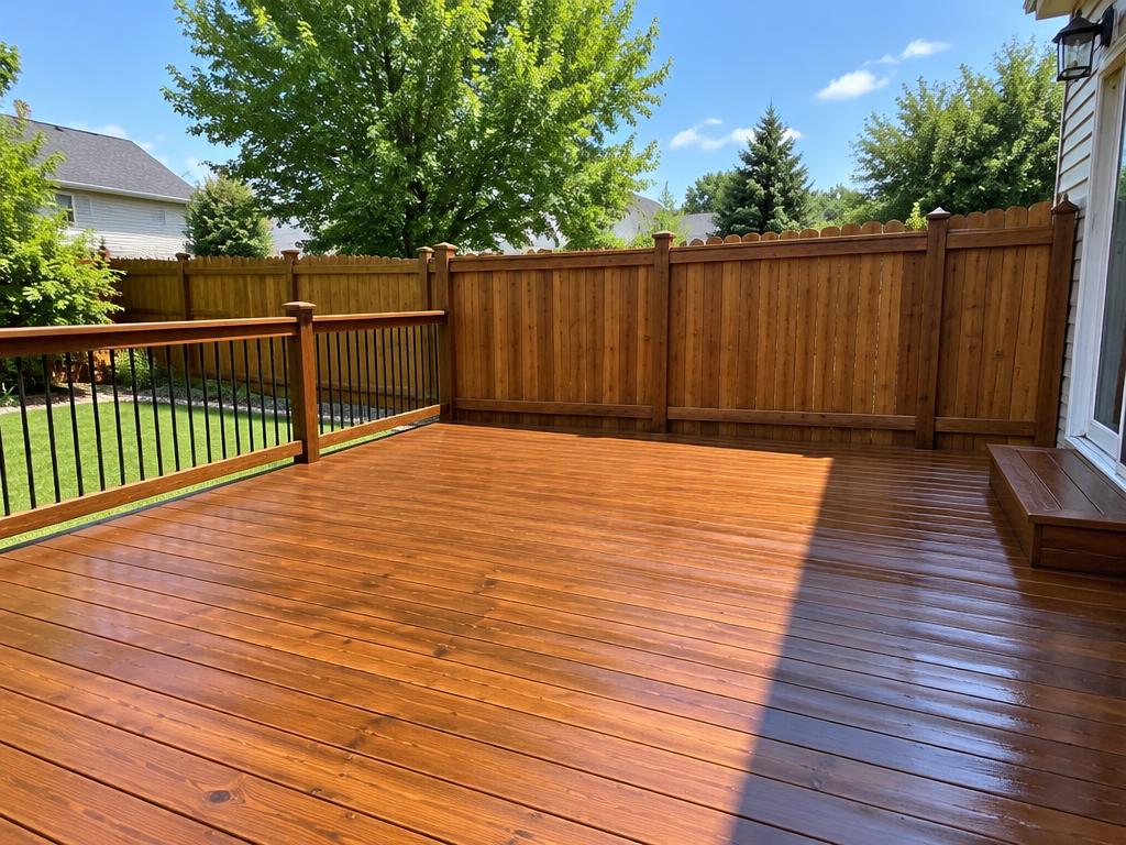 Freshly stained wooden deck and fence