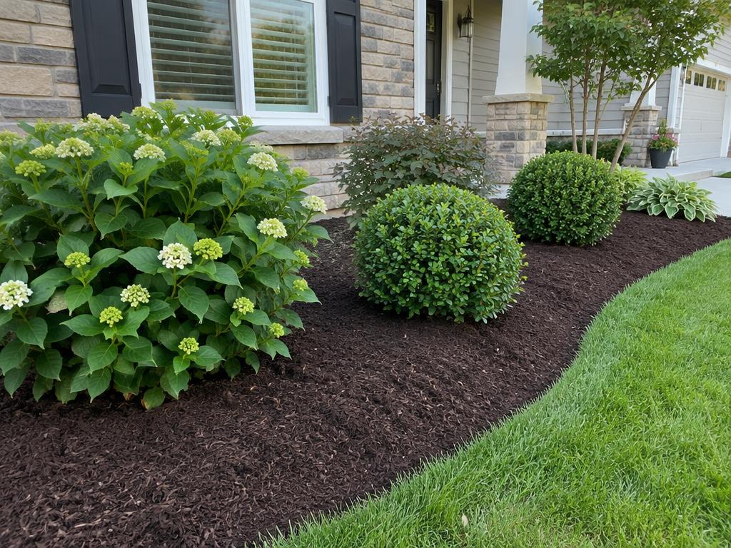 Fresh mulch spread in front garden beds